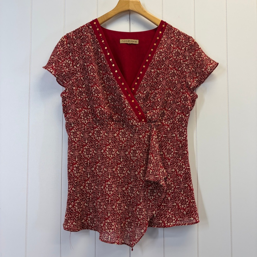 Notations Y2K Babydoll Faux Wrap Top Womens Size L Boho Romantic Office Siren